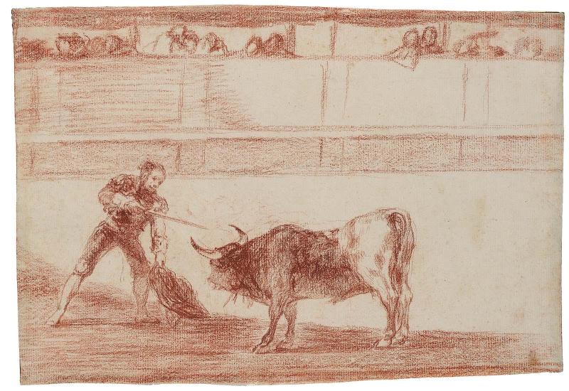 Pedro Romero Killing a Bull that He Has Subdued.  
Preparatory drawing for the etching, Tauromaquia, plate 30 (Pedro Romero matando á toro parado)