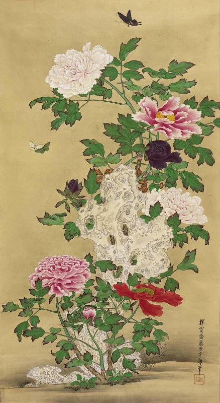 Peonies, Butterflies and Chinese Rock