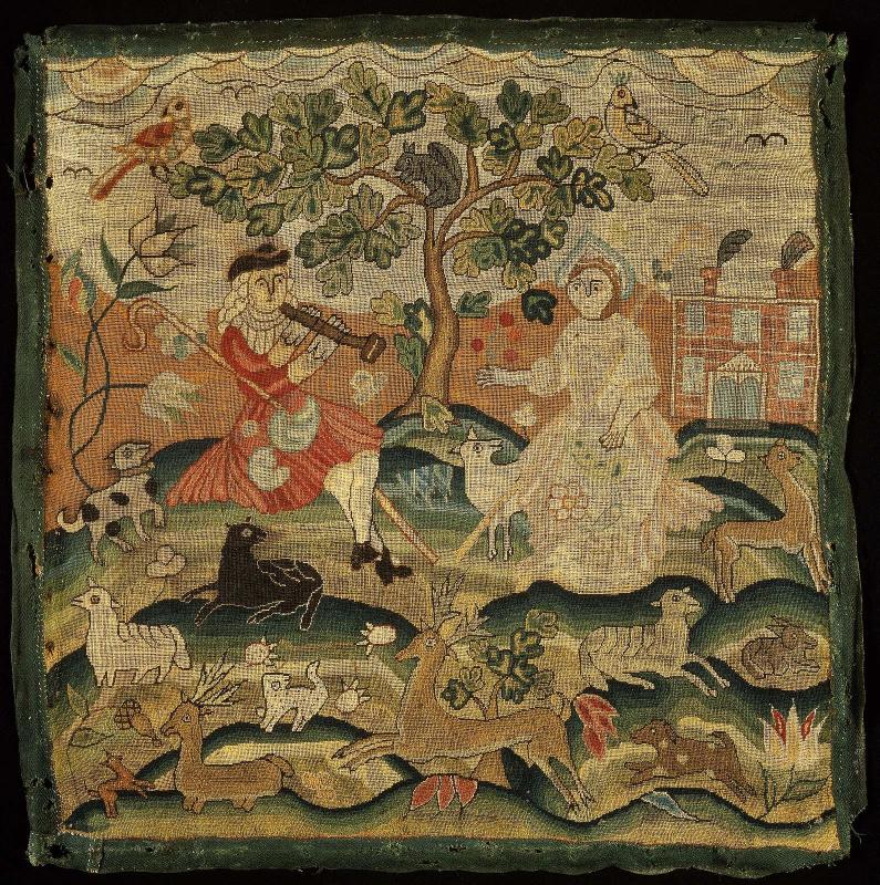 Embroidered picture: Shepherdess and piper