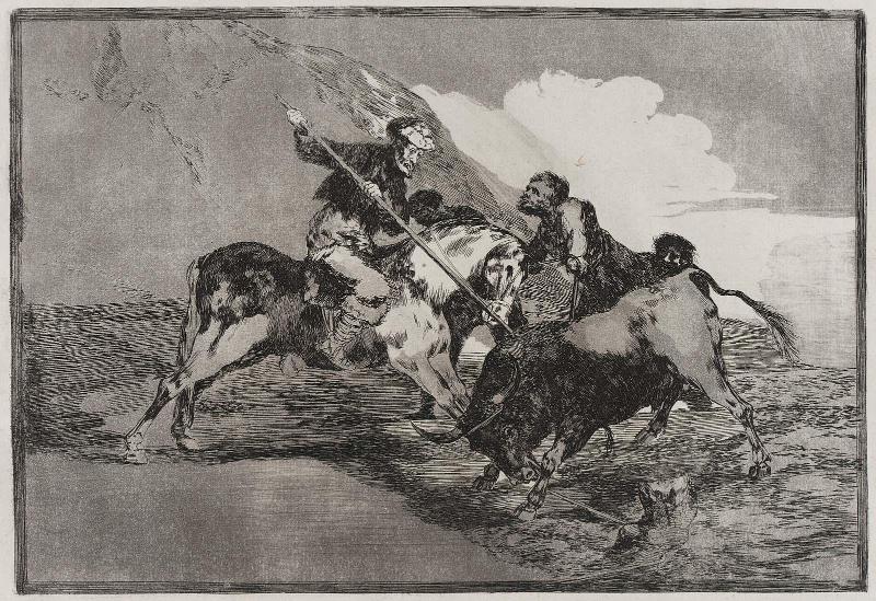 Modo con que los antiguos españoles cazaban los toros á caballo en el campo. (The way in which the ancient Spaniards hunted bulls on horseback in the open country); from the series "Tauromaquia" (Bullfighting), plate 1