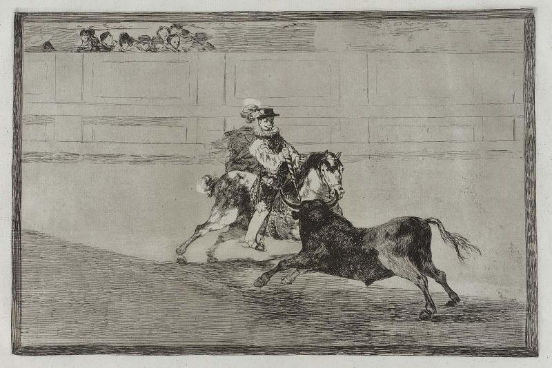 Un caballero español en plaza quebrando rejoncillos sin auxilio de los chulos. (A Spanish noble, without help of assistants, breaks short rejónes (spears) in the plaza); from the series "Tauromaquia" (Bullfighting), plate 13