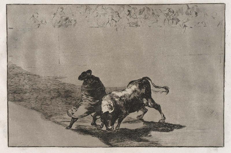 El diestrísimo estudiante de Falces, embozadado burla al toro con sus quiebros. (The very skillful student of Falces, wrapped in his cape, tricks the bull with the play of his body); from the series "Tauromaquia" (Bullfighting), plate 14