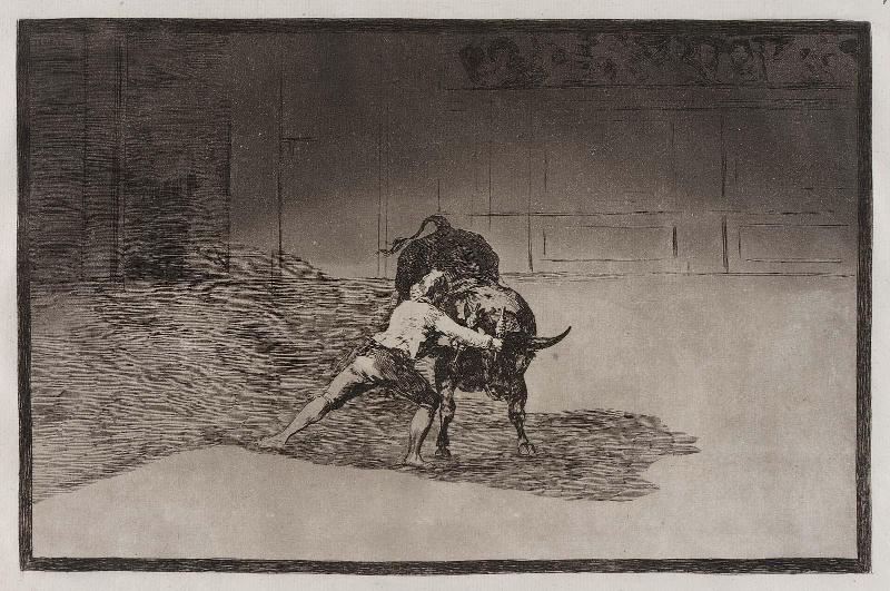 El famoso Martincho poniendo banderillas al quiebro. (The famous Martincho places the banderillas playing the bull with the movement of his body); from the series "Tauromaquia" (Bullfighting), plate 15