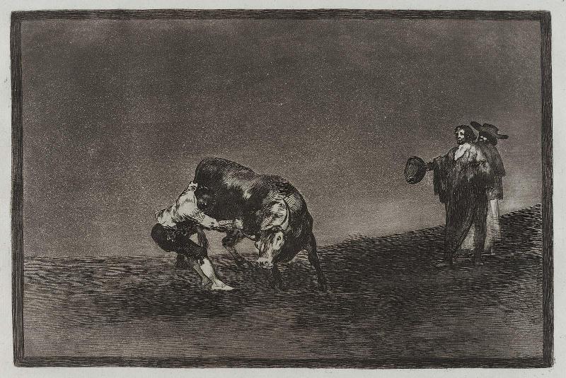 El mismo vuelca un toro en la plaza de Madrid. (The same person [i.e. "Martincho"] makes a bull turn in the Madrid ring); from the series "Tauromaquia" (Bullfighting), plate 16