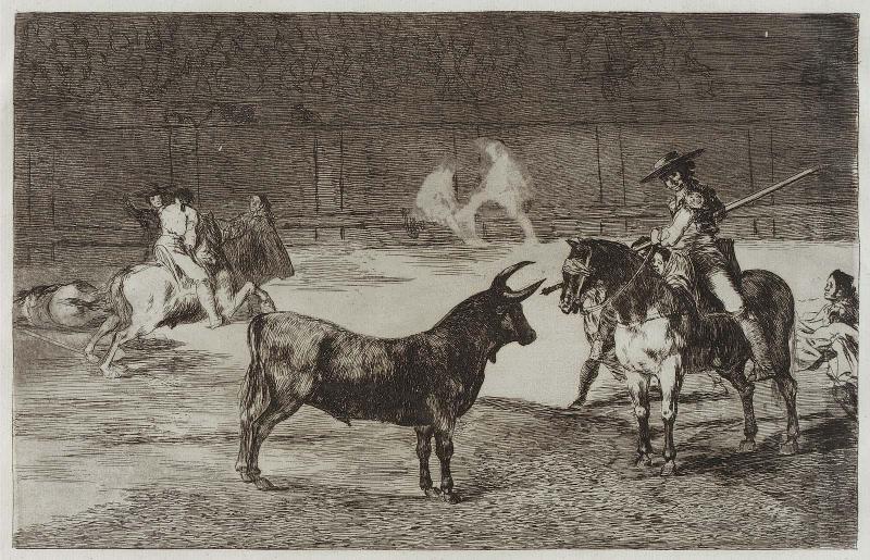 El célebre Fernando del Toro, barilarguero, obligando á la fiera con su carrocha. (The celebrated picador, Fernando del Toro, draws the fierce beast on with his pique); from the series "Tauromaquia" (Bullfighting), plate 27