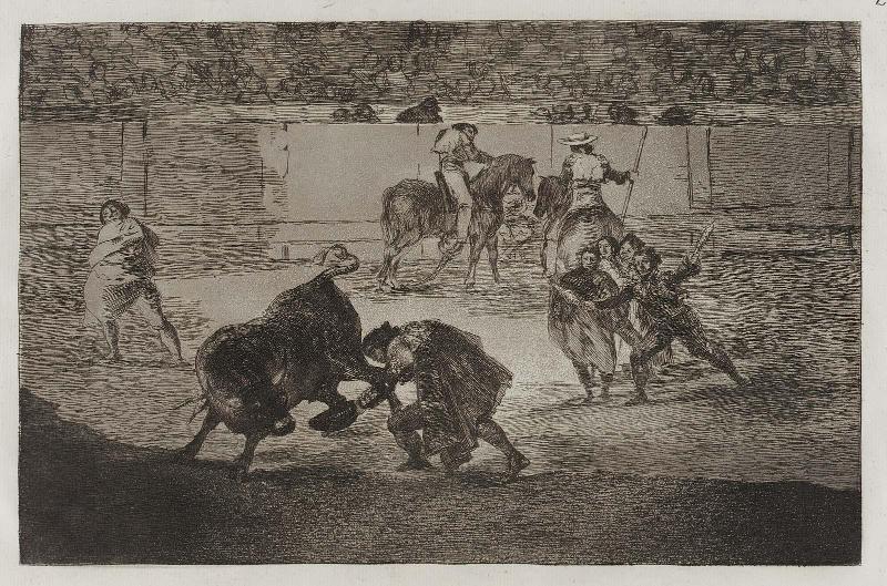 Pepe Illo haciendo el recorte al toro. (Pepe Illo making the pass of the "recorte"); from the series "Tauromaquia" (Bullfighting), plate 29