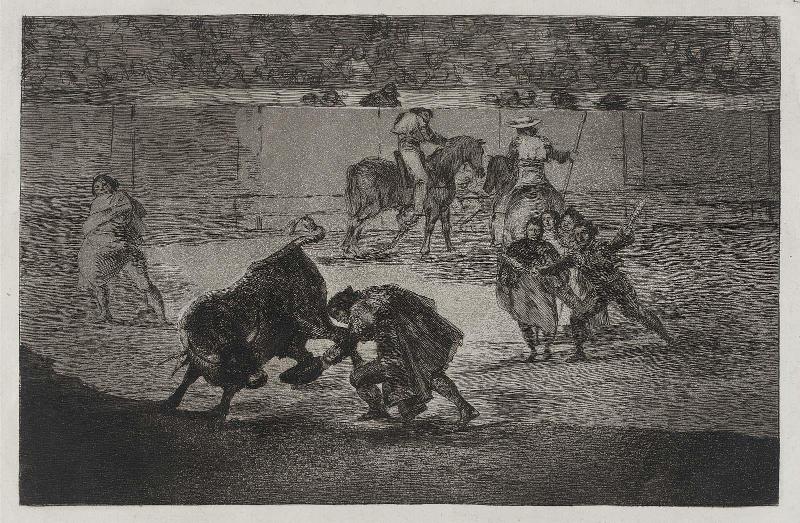 Pepe Illo haciendo el recorte al toro. (Pepe Illo making the pass of the "recorte"); from the series "Tauromaquia" (Bullfighting), plate 29