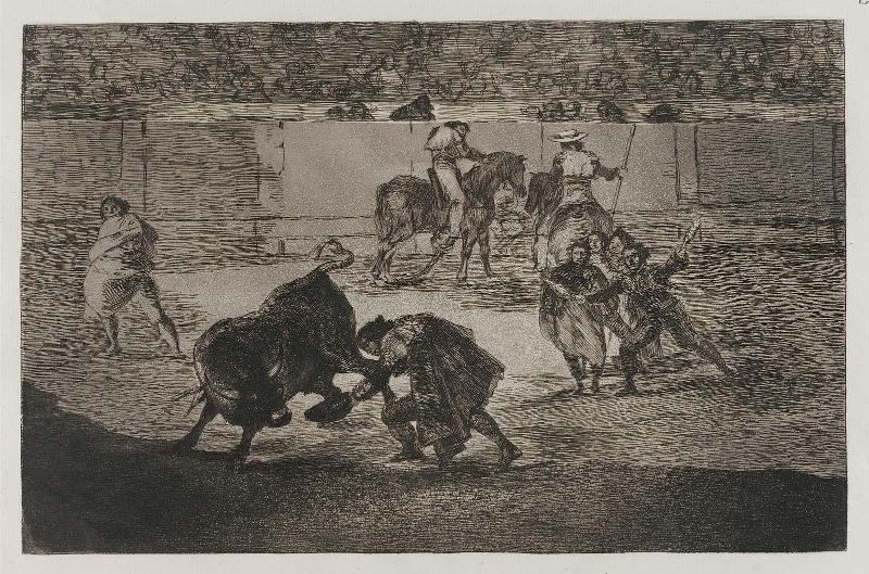 Pepe Illo haciendo el recorte al toro. (Pepe Illo making the pass of the "recorte"); from the series "Tauromaquia" (Bullfighting), plate 29