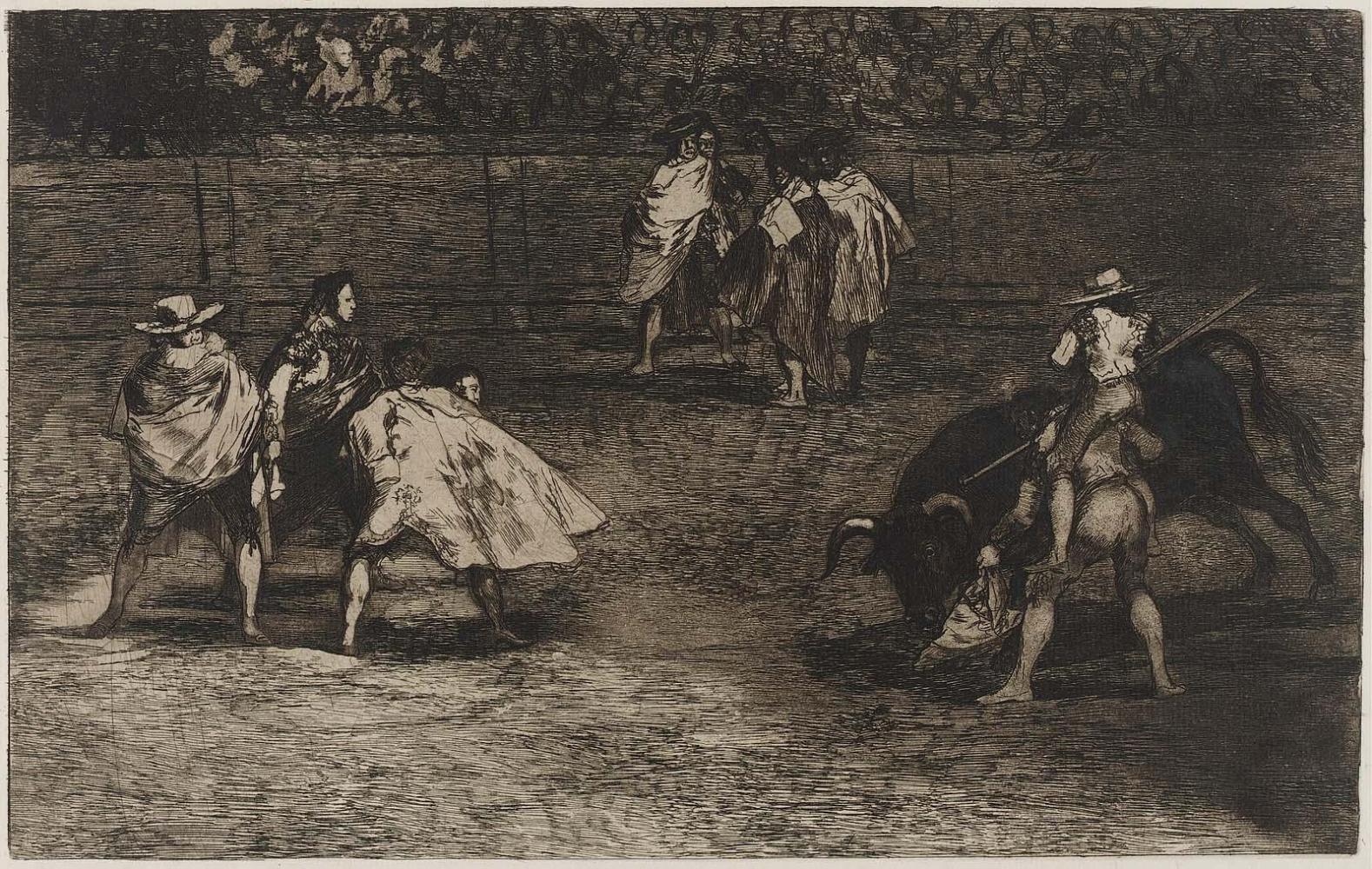 Un torero monté sur les épaules d'un chulo lanceado un taureau. (A bullfighter, mounted on the shoulders of an assistant, spearing a bull); rejected plate [D] for the series "Tauromaquia" (Bullfighting)