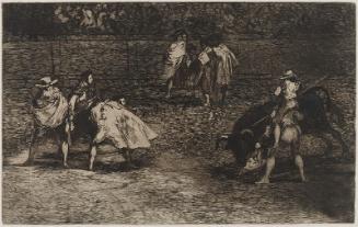 Un torero monté sur les épaules d'un chulo lanceado un taureau. (A bullfighter, mounted on the shoulders of an assistant, spearing a bull); rejected plate [D] for the series "Tauromaquia" (Bullfighting)