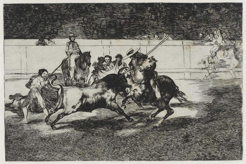 El esforzado Rendon picando un toro, de cuya suerte murió en la plaza de Madrid. (The foreceful Rendon stabs a bull with the pique, from which pass he died in the ring at Madrid); from the series "Tauromaquia" (Bullfighting), plate 28