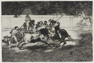El esforzado Rendon picando un toro, de cuya suerte murió en la plaza de Madrid. (The foreceful Rendon stabs a bull with the pique, from which pass he died in the ring at Madrid); from the series "Tauromaquia" (Bullfighting), plate 28