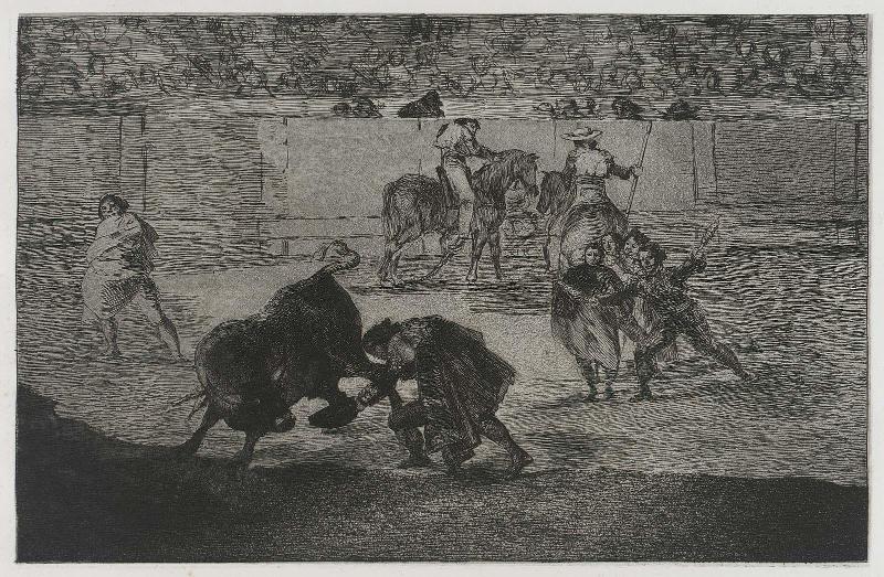 Pepe Illo haciendo el recorte al toro. (Pepe Illo making the pass of the "recorte"); from the series "Tauromaquia" (Bullfighting), plate 29
