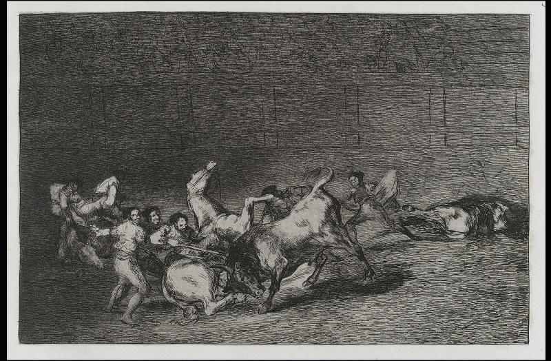 Dos grupos de picadores arrollados de seguida por un solo toro. (Two groups of picadors put to rout, one after the other, by a single bull); from the series "Tauromaquia" (Bullfighting), plate 32