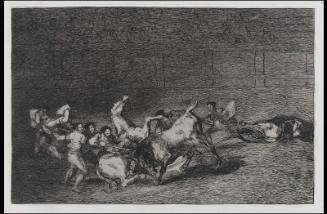 Dos grupos de picadores arrollados de seguida por un solo toro. (Two groups of picadors put to rout, one after the other, by a single bull); from the series "Tauromaquia" (Bullfighting), plate 32