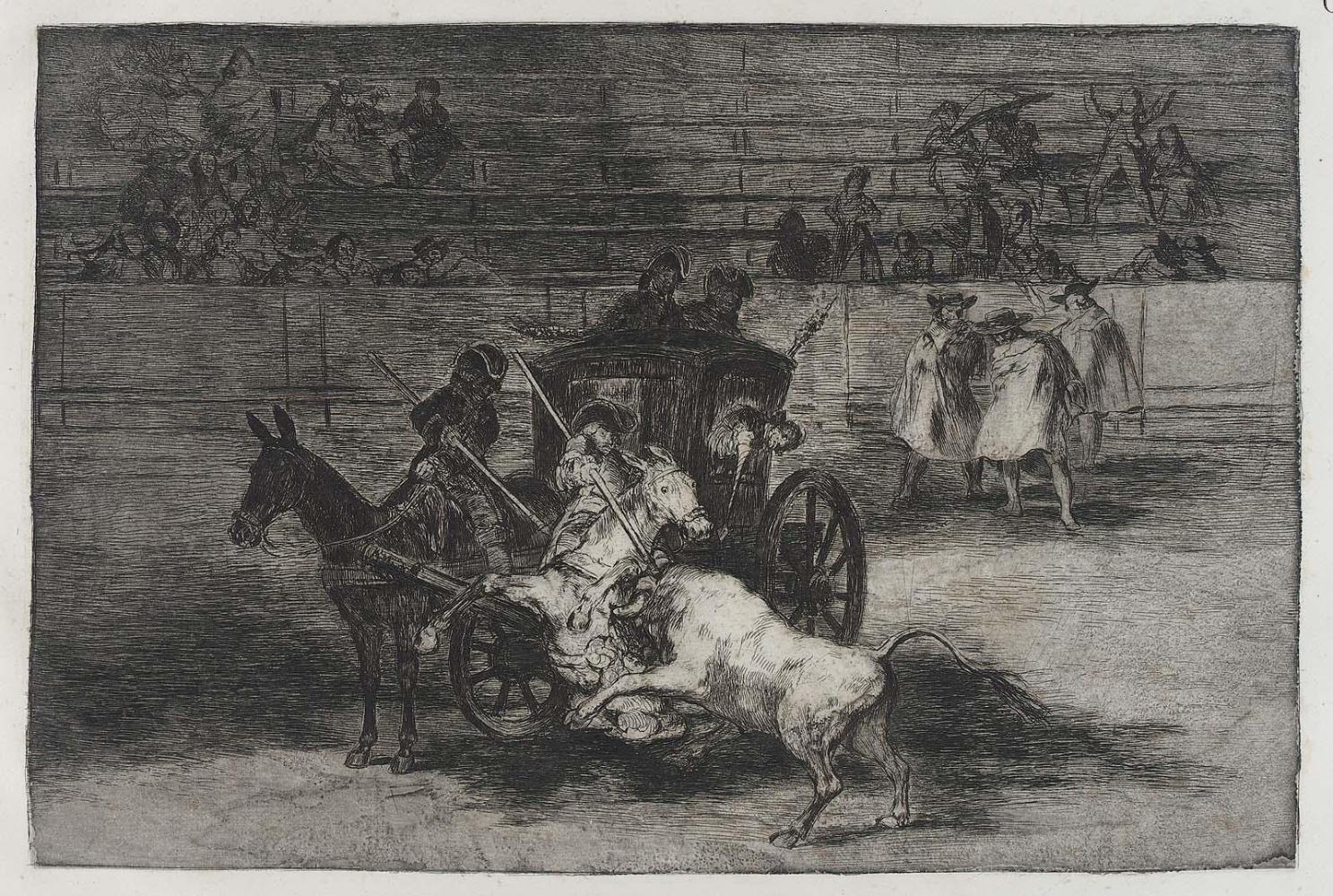 Combat dans une voiture attelèe de deux mulets. (Flight in a carriage harnessed to two mules); rejected plate [G] for the series "Tauromaquia" (Bullfighting)