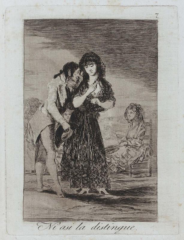Ni asi la disintingue. (He cannot make her out even this way); Plate 7 bound into "Los Caprichos"