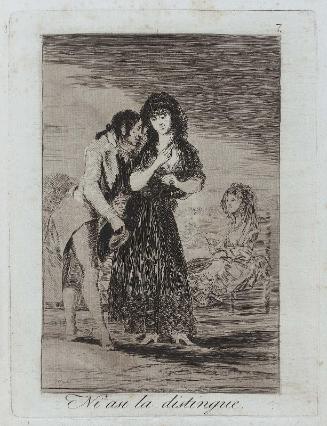Ni asi la disintingue. (He cannot make her out even this way); Plate 7 bound into "Los Caprichos"