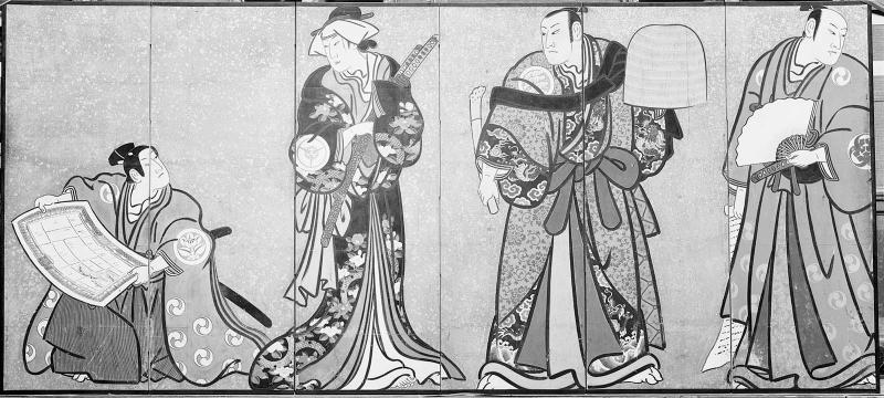 Theater signboard depicting scenes from the play The Treasury of Loyal Retainers (Kanadehon Chûshingura)