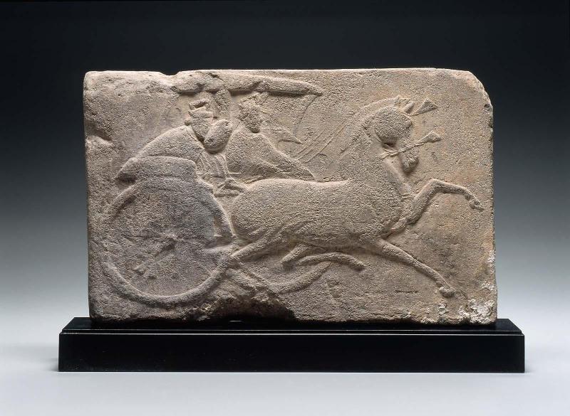 Rectangular tile with horse-drawn chariot