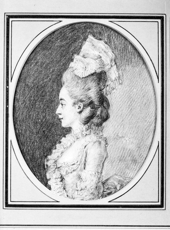 Young woman in pink dress, ruffled cap