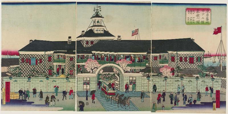 The Front Entrance of the Tsukiji Hotel in Tokyo (Tôkyô Tsukiji Hoterukan omotegake no zu)
