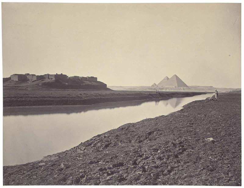 The pyramids at Giza, looking northwest, with an irrigation canal in the foreground