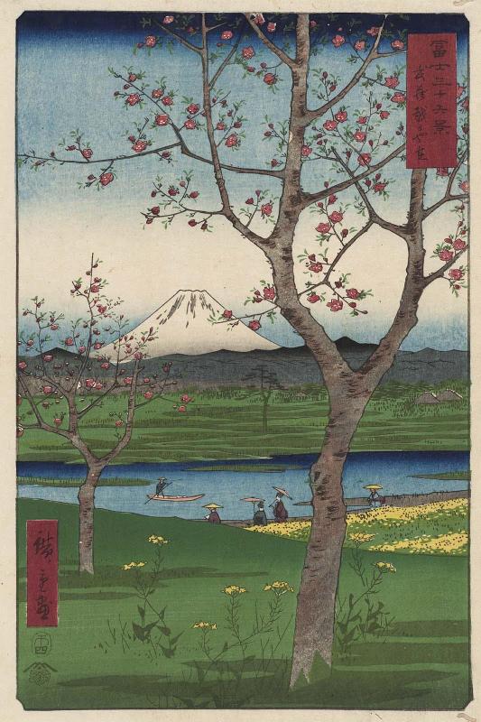 The Outskirts of Koshigaya in Musashi Province (Musashi Koshigaya zai), from the series Thirty-six Views of Mount Fuji (Fuji sanjûrokkei)