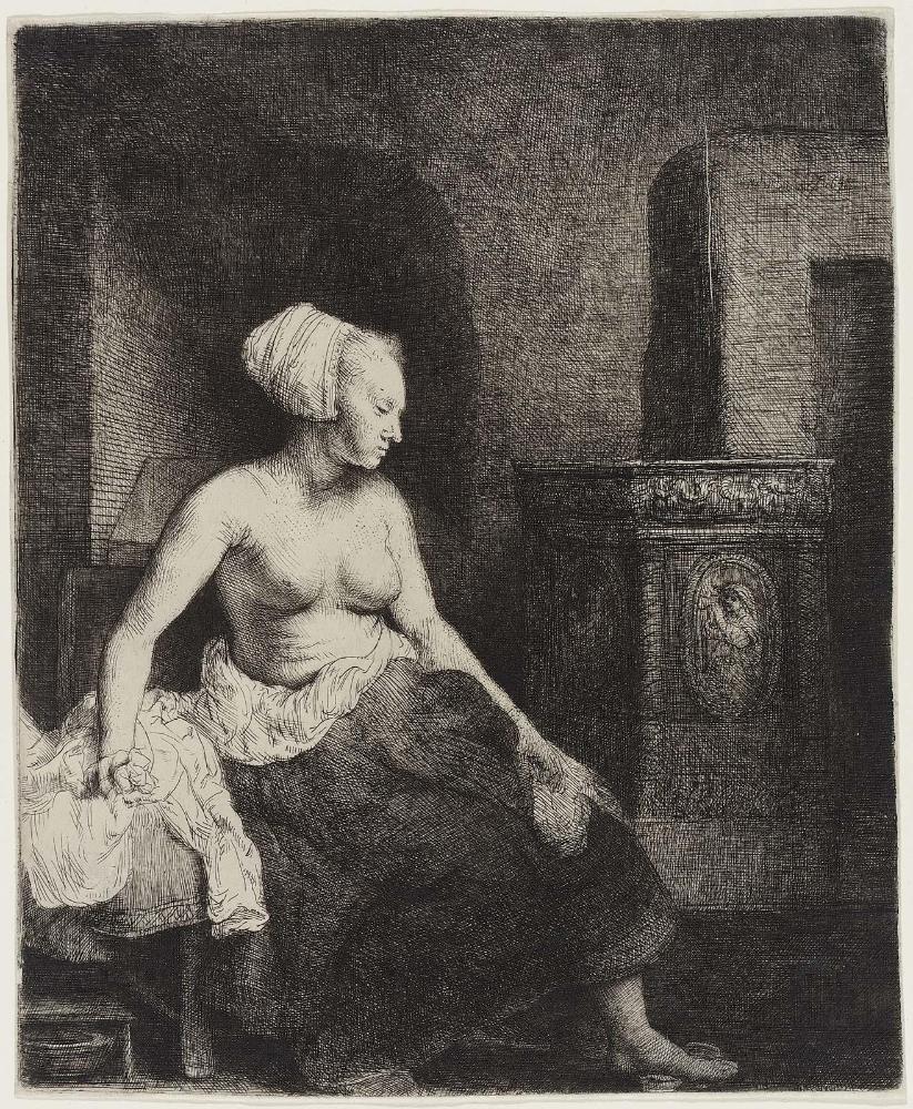 Woman Sitting Half Dressed beside a Stove