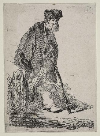 Man in a Coat and Fur Cap Leaning Against a Bank