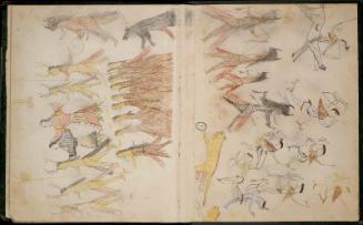 Page 29b/30a: "Ceremonial with men wearing deer antlers (left hand page); Ceremonial with men c…