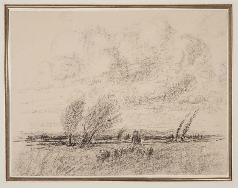 Windswept Meadow with Shepherd and Flock