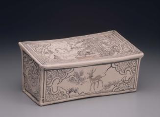 Rectangular pillow with decoration of sword-wielding figure confronting female spirit under constellation of stars and moon