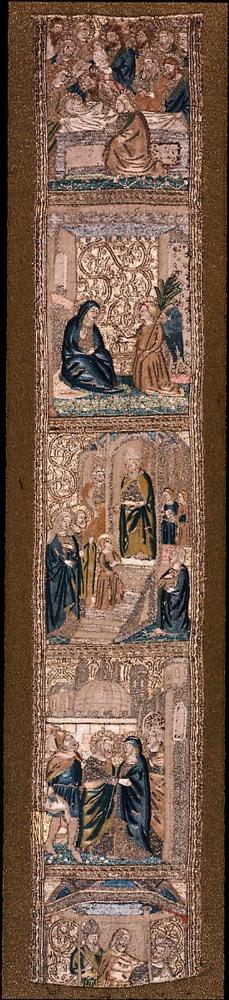 Scenes from the Life of the Virgin (part of an orphrey for a cope, one of two)