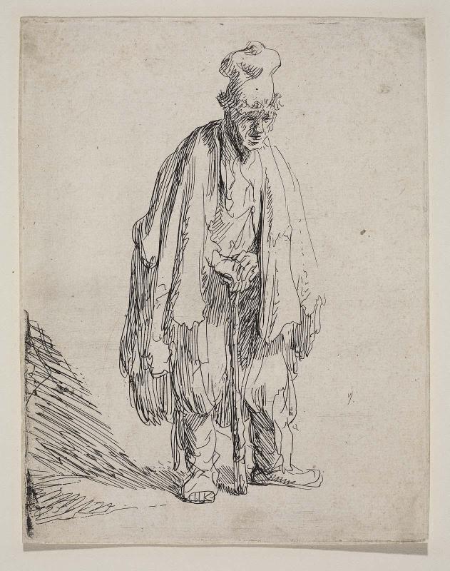 Beggar in a High Cap, Standing and Leaning on a Stick
