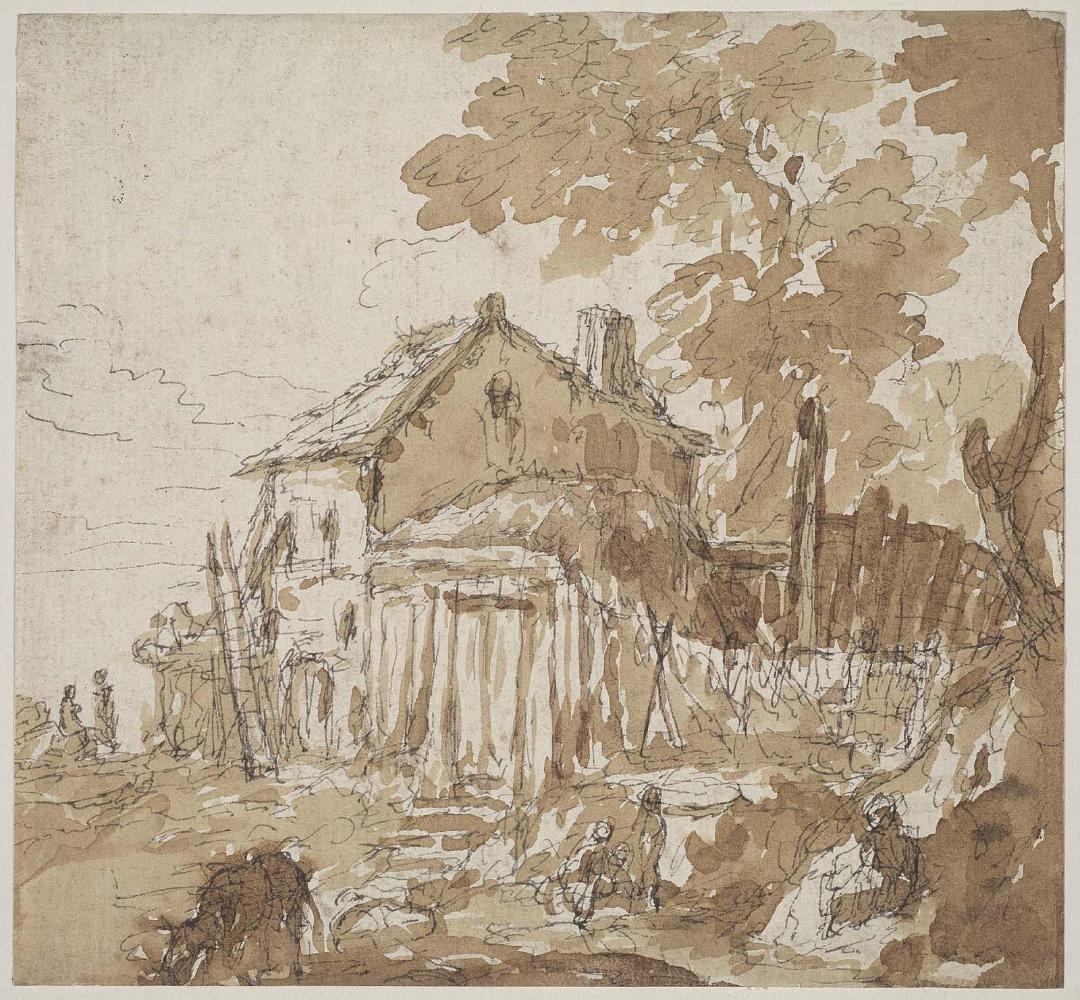 Landscape with figures and a cottage