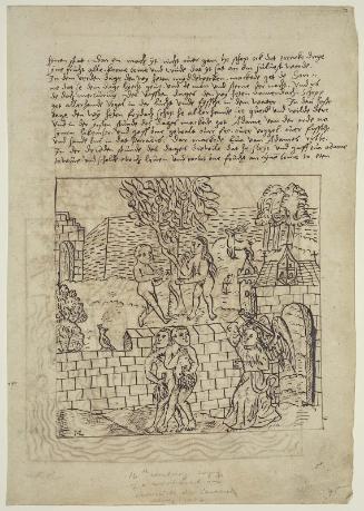 Recto: Temptaton and Expulsion of Adam and Eve
Verso: Noah's Ark
copied from Chronecken der Sasson, Mainz: Peter Schoeffer, 1492