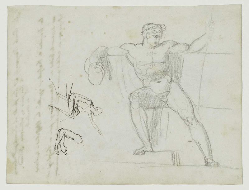 Recto: Frontal study of a seated man and two small studies of a seated man in profile; verso: Two studies for an allegorical figure of Victory