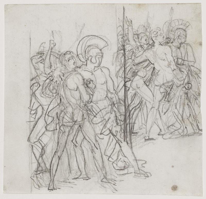 Recto: Two groups of warriors facing right, studies for the left side of Achilles Swearing Revenge at the Bier of Patroclus; Verso: drapery study