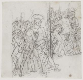 Recto: Two groups of warriors facing right, studies for the left side of Achilles Swearing Revenge at the Bier of Patroclus; Verso: drapery study