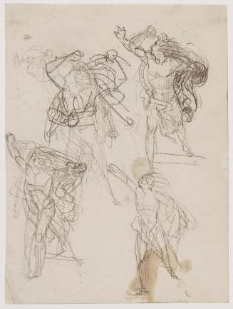 Recto: Four studies of a striding man with outstretched arms [Achilles]; Verso: Study of two men embracing and a study of a hand holding a shaft