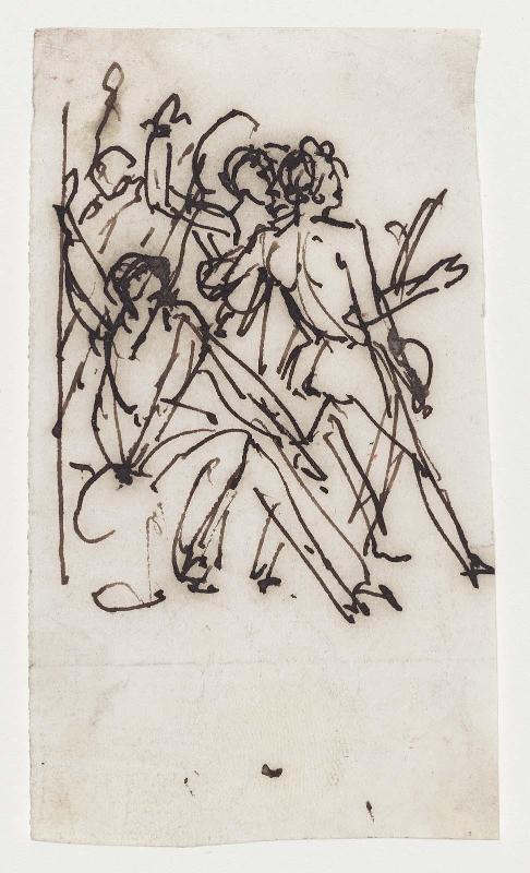 Figures facing right: a study for the left side of Achilles Swearing Revenge at the Bier of Patroclus.