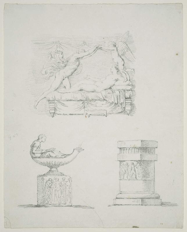 Sheet of drawings: Classical love scene; lamp; pillar