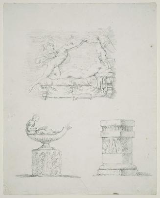 Sheet of drawings: Classical love scene; lamp; pillar