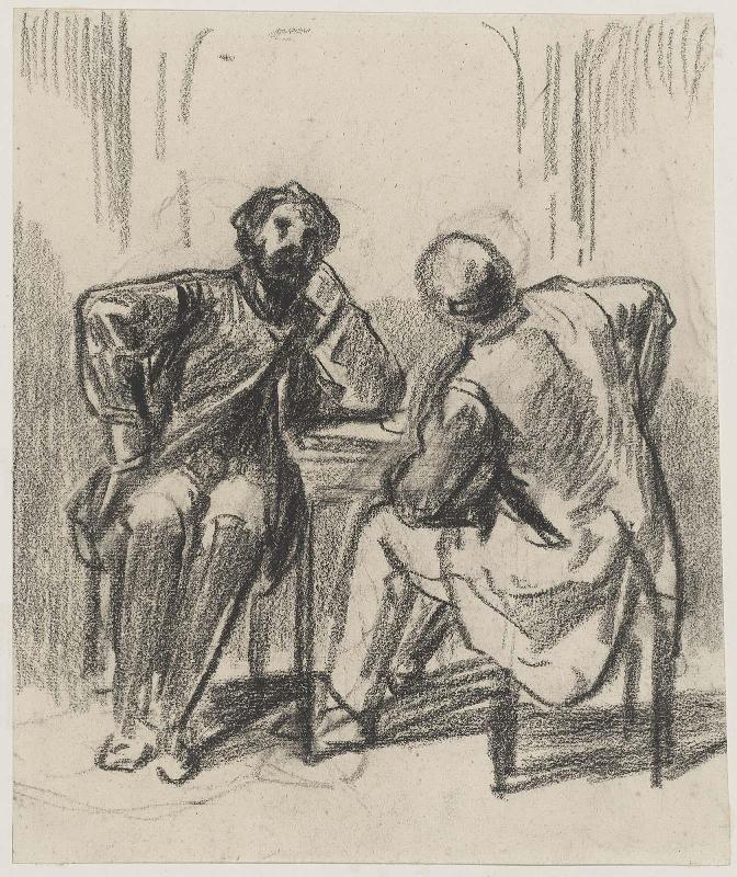 Two Men Conversing at Table