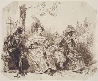 Four people seated on a park bench