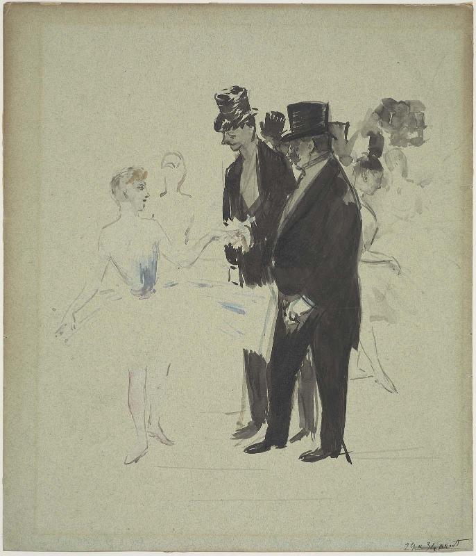 Dancer meeting two gentlemen in tall hats