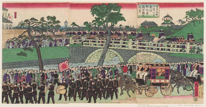The Imperial Tour to the Northeast Setting Out from Manseibashi on June 6, 1876 (Meiji kunen rokugatsu muika Ôshû miyuki Manseibashi no zu)