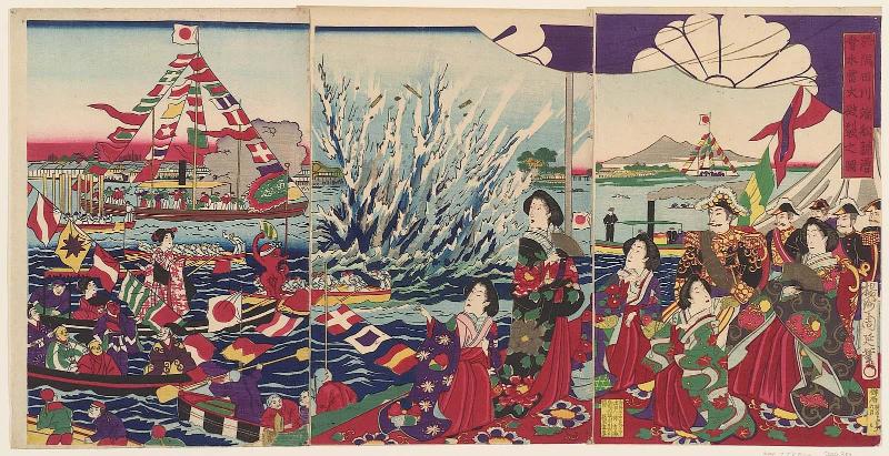 Illustration of an Explosion from a Torpedo in the Sumida River During a Festival with Boat Races (Sumida kawabata ni oite fune kyôsô kai suiraika haretsu no zu)