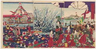 Illustration of an Explosion from a Torpedo in the Sumida River During a Festival with Boat Races (Sumida kawabata ni oite fune kyôsô kai suiraika haretsu no zu)